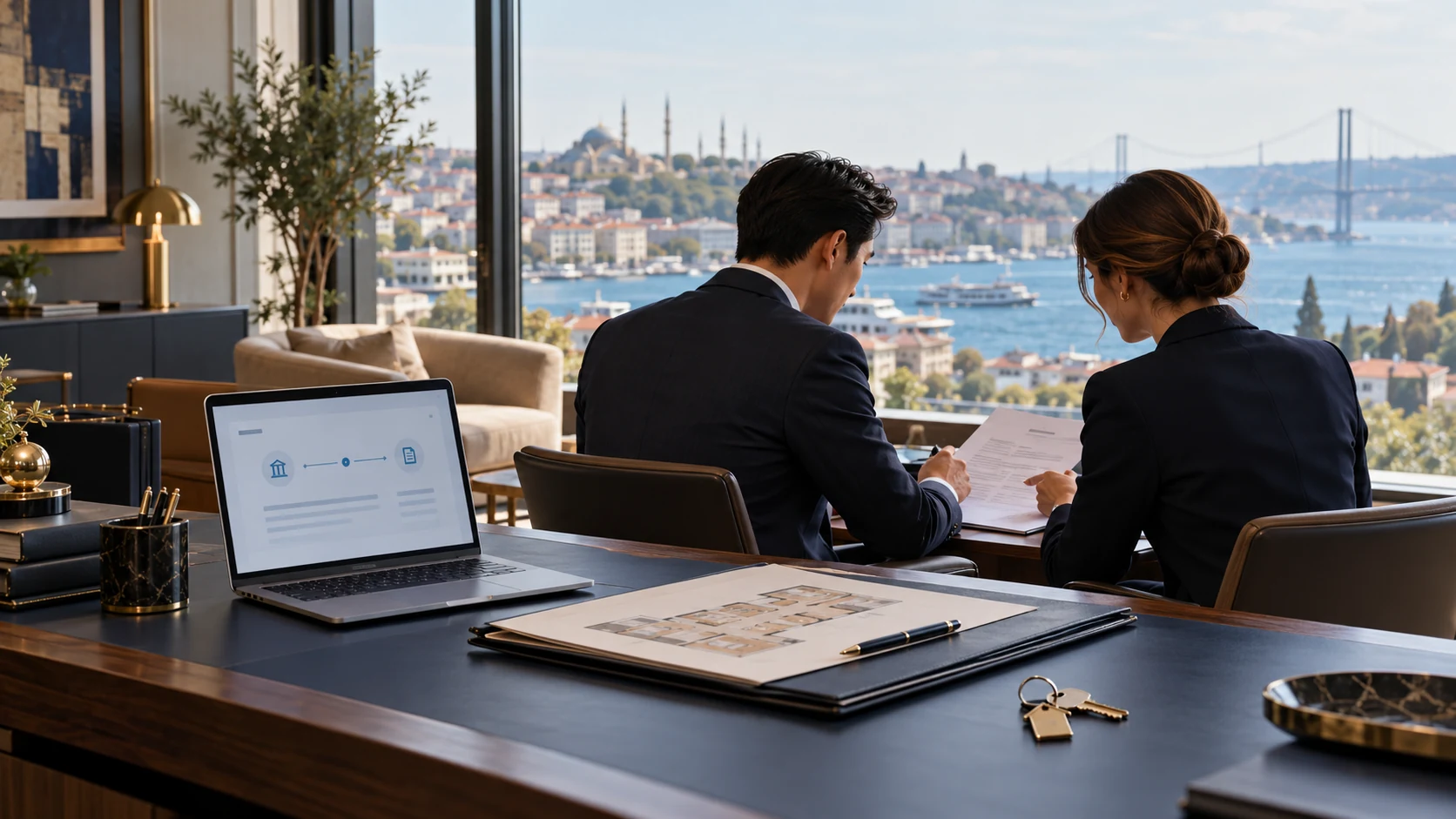 AI-created illustration of an investor and legal adviser reviewing property payment documents in an Istanbul office overlooking the Bosphorus.