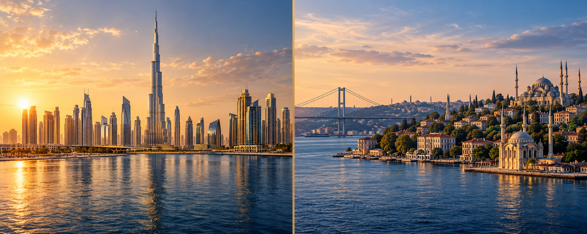 Dubai Golden Visa vs Turkish Citizenship: Residency or a Second Passport? Editorial illustration of Dubai’s skyline and Istanbul’s Bosphorus in two separate panels.