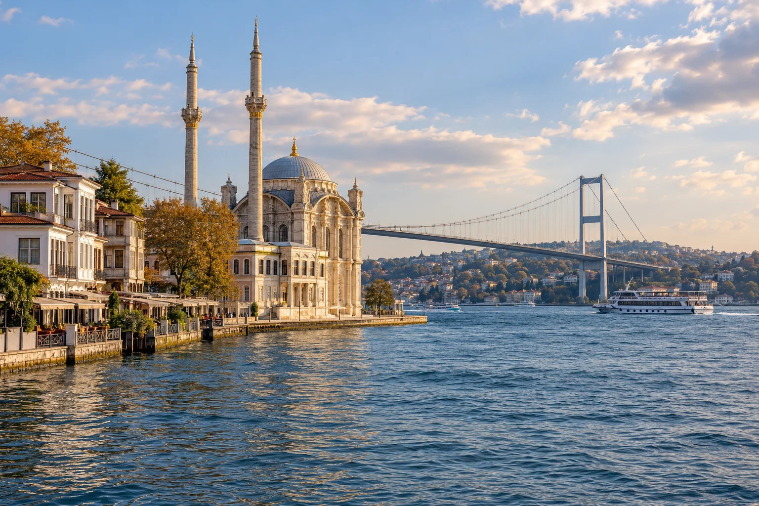 Istanbul Bosphorus Waterfront — Safety and Property Guide AI-generated illustration of Ortaköy Mosque, the Bosphorus Bridge and a ferry beside Istanbul’s waterfront.