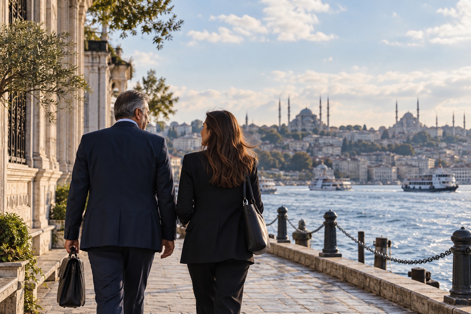 İstanbul Boğazı kıyısında yürüyen yetişkin bir kız ve ebeveyni; aile bağı temsili